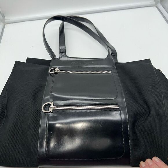 Salvatore Ferragamo Gancini Black Nylon and Patent Leather Shoulder Bag - Picture 16 of 16